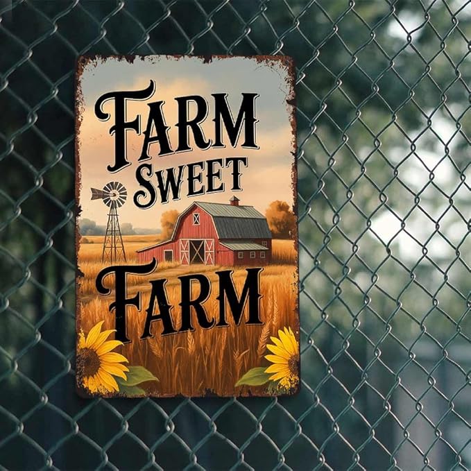 Farm Sweet Farm Rustic Countryside Motif 8x12 Inch Vintage Aluminum Metal Tin Signs-For Backyard Patio Porch Kitchen Living Room Wall Decor