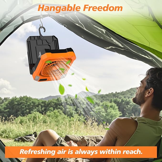 Camping Fan Battery Powered & Solar Powered, Portable Solar Fan 10000mAh Rechargeable Outdoor Fans with Light, Quiet Cordless Fans for Tent, RV, Emergency, Hiking, Power Outage, Desk, Survival Kit