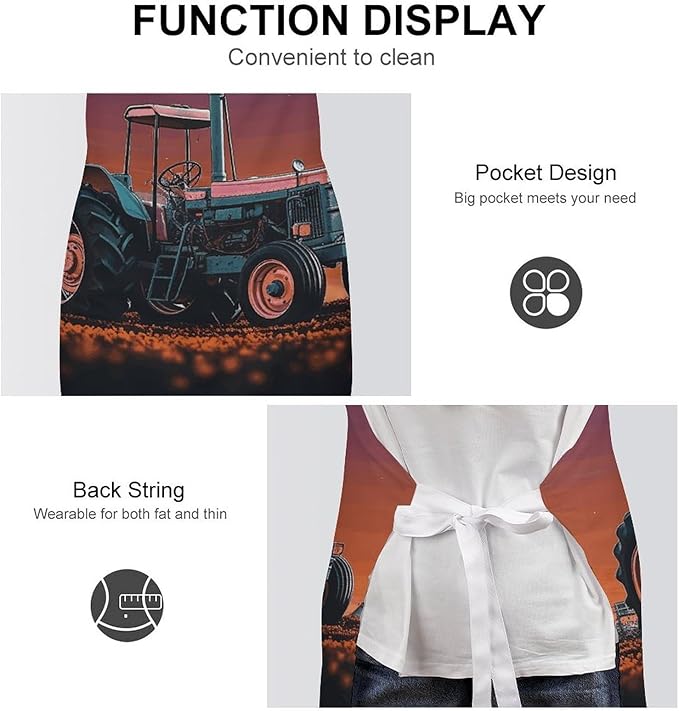Waterproof Aesthetic Tractor Bib Apron with 2 Pockets Adjustable 25" Neck Strap & Waist Ties Kitchen Chef Aprons for Cooking Baking Grilling Gardening BBQ for Women Men