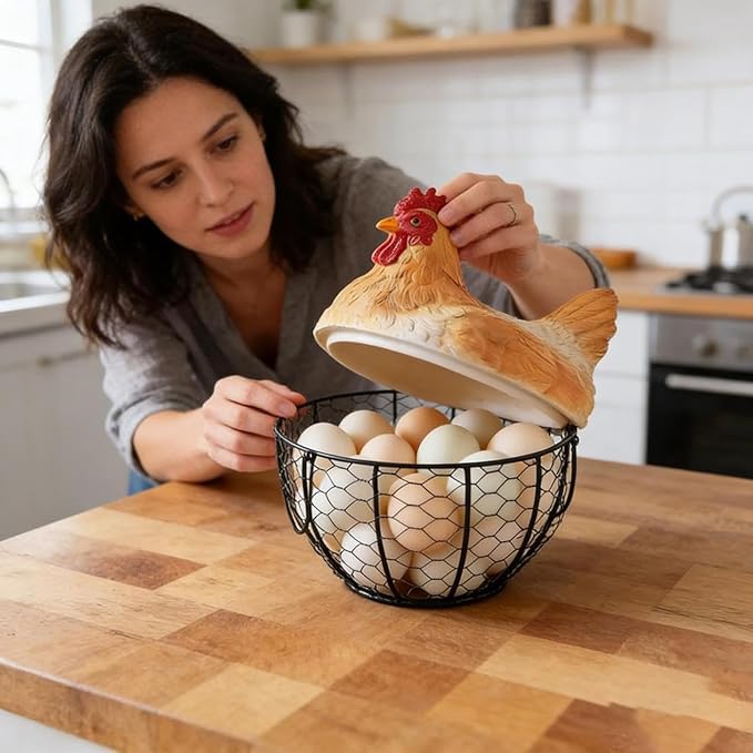 Egg Collecting Basket, Wire Egg Basket For Gathering Fresh Eggs, Metal Farm Fresh Eggs Storage Holder With Lid For Kitchen Countertop