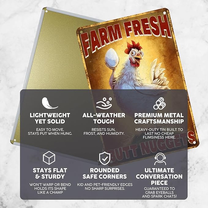 Vintage Chicken Tin Sign Farm Fresh Butt Nuggets Retro Metal Sign Funny Chicken Lovers Nostalgic Rustic Wall Decor For Home Farmhouse Coop Poultry House Kitchen Outdoor Yard 12 * 8In
