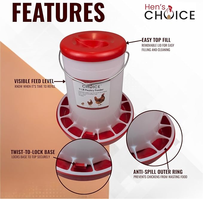 Hen's Choice Chicken Feeder and Waterer Set, 11 lb Feed Capacity, 2.1 Gallon Water Capacity, Adjustable Height (Red)