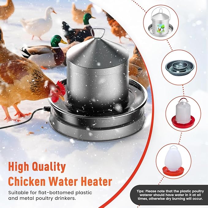Chicken Water Heater for Winter, Poultry Water Heater Base with Thermostat, 14 Inch for Plastic/Metal Poultry Waterer, 60W Thermostat Chicken Coop Water Heater with 9.8ft Power Cord