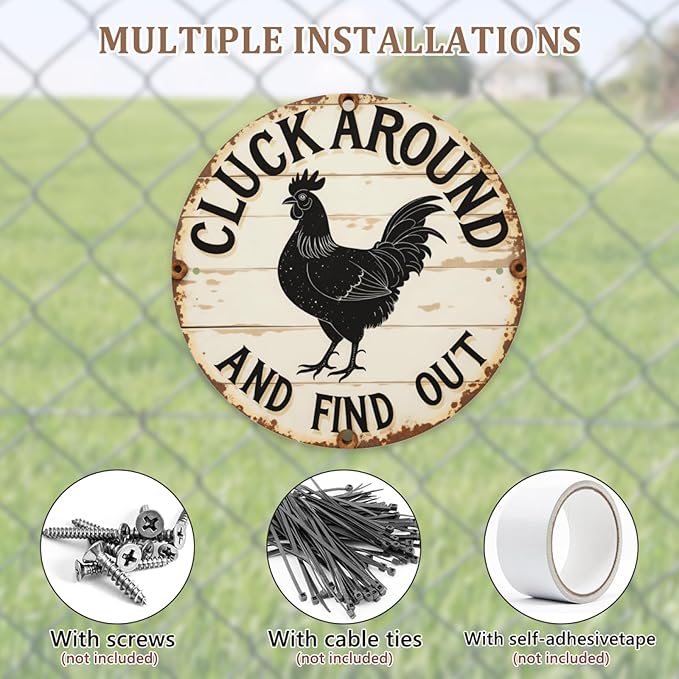 Cluck Around And Find Out Chicken Vintage Rustic Aluminum Metal Round Wall Sign, 8-inch Indoor Outdoor Gifts And Decor for Home, Office, Cafe & Yard Farm