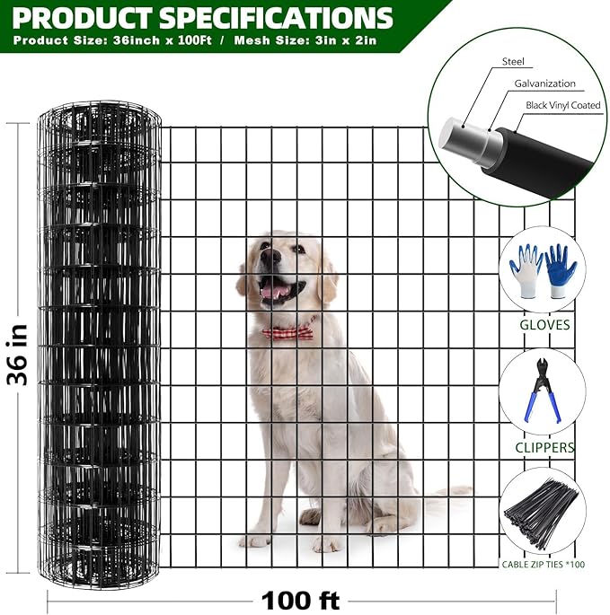 Welded Wire Fence, 100ft(L) x 36inch(H) PVC Coated Wire Fencing for Dog, 2 Inch x 3 Inch 16GA Fencing for Chicken, Anti-Rust Roll Metal Wire Mesh Fence for Yard Vegetable, Black