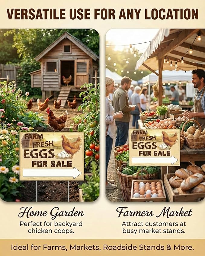 5-Pack Double Sided Farm Fresh Eggs Sale Signs with 10 Reinforced Fiberglass Stakes for Backyard Chicken Farm Advertising,16x12"