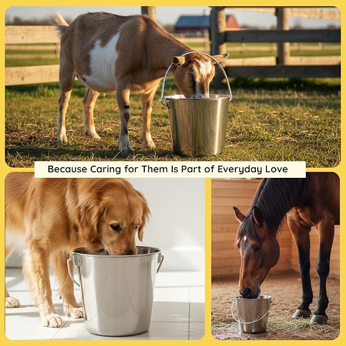 9 quart Heavy Duty Stainless Steel Round Bucket with Handle | 2.25 gal Sturdy Food & Water Bowl for XL Dog Goat sheep Horse & Livestock | Fits kennel Crate Farm | Hanging Utility Pet Pail