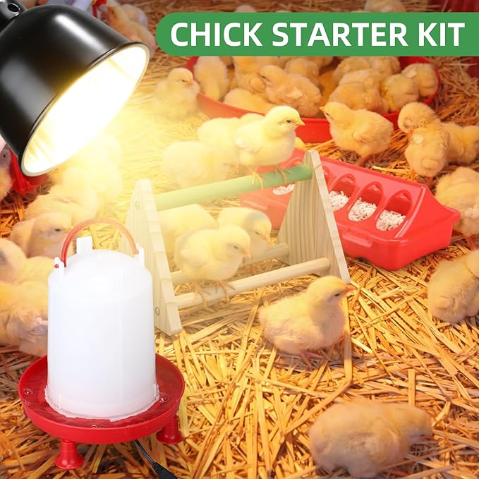 5 Pack Chick Brooder Starter Kit, 0.8 Gallon Heated Chicken Waterer F, 75w Adjustable Heat Lamp, Chick Perch and Flip Top Poultry Feeder for Winter Cold Weather Baby Chicken, Duck and Quail