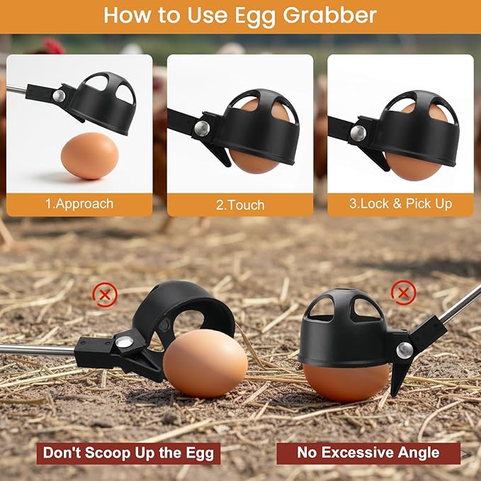 Egg Grabber for Chicken Eggs 15.7-76inch Extendable Stainless Steel Egg Picker Tool Long Grabber Reacher for Coop with Anti-Slip Handle Poultry Nest and Farm Use