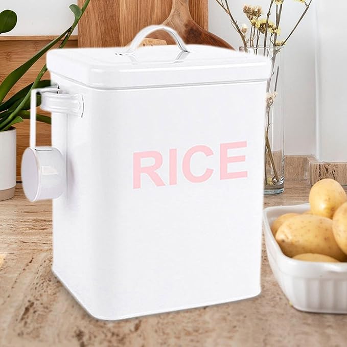 Metal Rice Storage Box, Flour Canister, Sealed Food Storage Bin, Sealed Food Storage Container for Grain Soybean Rice Beans, White M