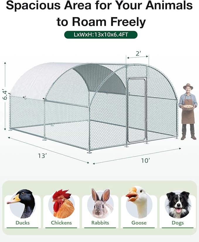 Esright Metal Large Chicken Coop Run for Yard with Cover, 13x10x6.4 FT Walk-in Chicken Pen for Outdoor, Backyard, and Farm, Hen Cage House Suitable for 8-12 Chickens, Dome Roof