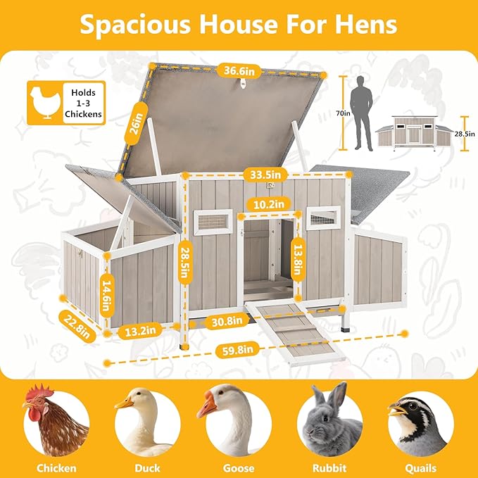 Chicken Coop for 1-3 Chickens, Wooden Hen House with 4 Nesting Boxes, Openable Waterproof Roof & Pull-Out Tray, Outdoor Poultry Cage Rabbit Hutch Duck House with Window