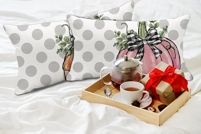 Fall Polka Dots Pumpkin Pillow Covers 12x20 inch Farmhouse Seasonal Autumn Thanksgiving Decor Throw Cushion Case for Home Couch Pillowcase (Pink)