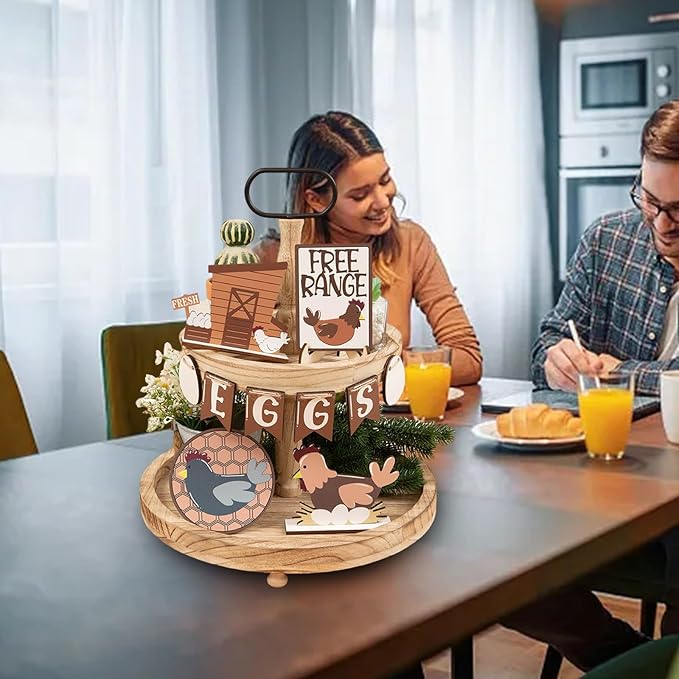 13 PCS Tiered Tray Decor Set for All Seasons-Farm Chicken Rustic Wooden Tiered Tray Sign，Hen Eggs Chik Decorative for Home Kitchen Table Shelf Bar