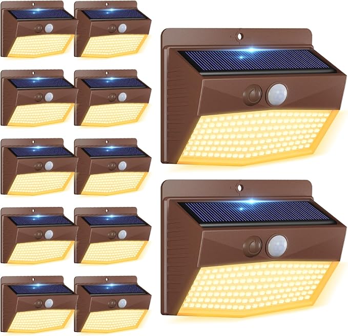 Peasur 12 Packs Solar Outdoor Lights Motion Sensor Solar Security Light Waterproof with 3 Lighting Modes Solar Powered Wall Lights Outside for Garden Fence Yard, Brown Warm