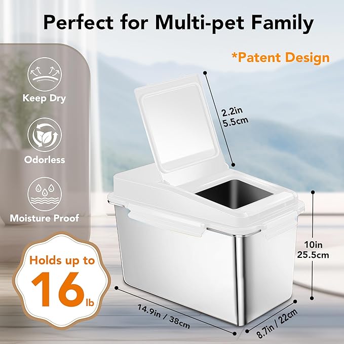 Newget Dog Food Storage Container Stainless Steel with Scoop, 16-lb/11-lb Airtight Metal Pet Food Storage Bin, Cat Food Container for Dry Dog, Cat Food, Bird Seed, Keep Food Fresh, White