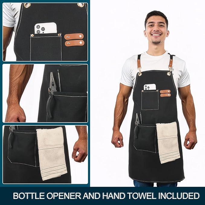 Adjustable Kitchen Apron Set With Pockets, Heavy Duty Cooking Apron for Men and Women, Black/Grey