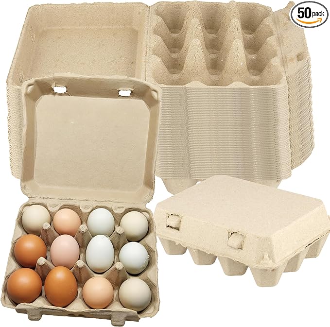 50 Pack Natural Pulp Egg Cartons, Classical 3x4 Style Holds Up to 12 Count Chicken Eggs, Dozen Egg Crates for Family Farm and Market Storage