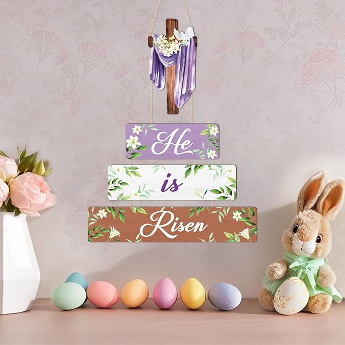 CHDITB Easter He is Risen Wooden Sign, Religious Cross Wooden Hanging Plaque, Spring Door Hanger, He is Risen sign, Faith Christian Wall Art Decor for Home Church Living Room Decoration