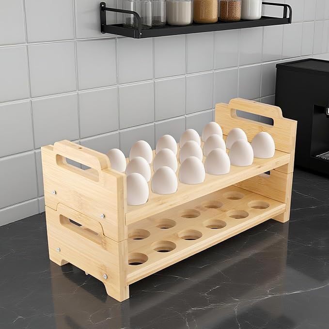 HAKZEON 2 Pack Stackable Bamboo Egg Holder for 36 Fresh Eggs - Farmhouse Kitchen Countertop Organizer, Wooden Display Rack Fits Quail Duck Turkey Chicken Eggs