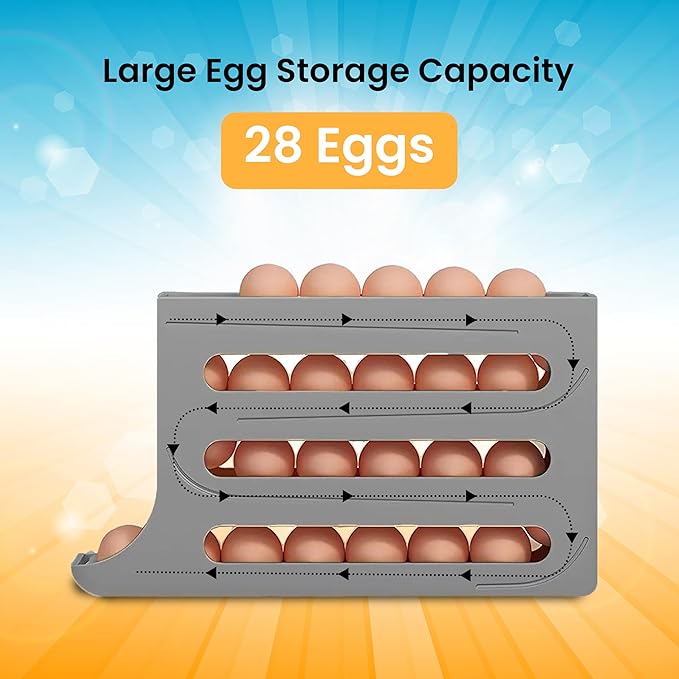ZAYLAN Egg Holder for Fridge, Auto Rolling Egg Roller/Dispenser/Organizer/Storage Container, Space-Saving 4-Tier Egg Tray for 28 Eggs, Refrigerator, Kitchen & Countertop with Flower Egg Cutter (Gray)