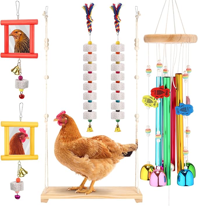 Soulchen 6 Pieces Chicken Toys for Coop Chicken Wind Chime Enrichment Toys Kits Chick Mirror with Bells Swing Hanging Chick Beak Grinding Calcium Stone for Coop Hens Chicks Poultry Birds Parrots