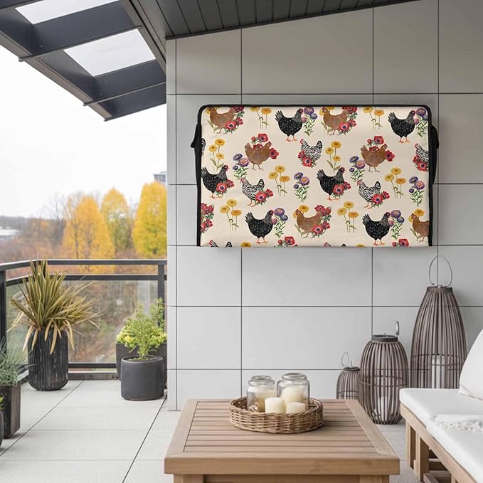 Waterproof Outdoor TV Cover 60 to 65 Inch, Farm Chicken Colorful Poppy Outside Flat Screen Televisions Weatherproof Cover Size 58"L x 37"H, Spring Floral on Beige TV Protector With Zipper