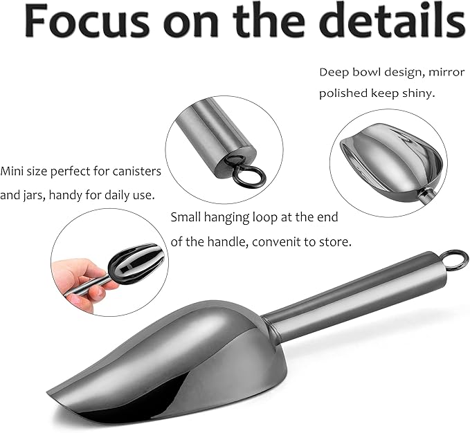 Mini Ice Scoop Set of 4, E-far 3 Ounce Platinum Black Stainless Steel Scoops for Candy/Flour/Sugar, Small Metal Scoops for Party/Canisters Jars/Kitchen Bar/Ice Maker, Rust Proof & Dishwasher Safe