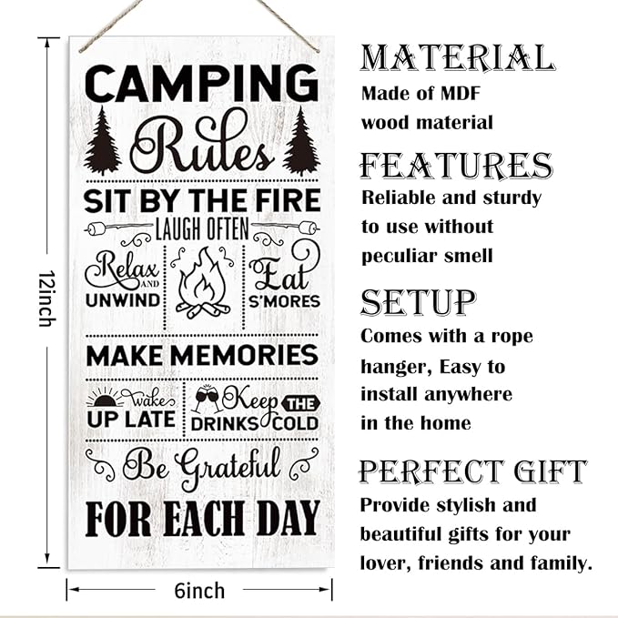 Camping Rules Sign, Campsite Decor, Laugh Sign, Make Memories Sign, Decorative Wood Hanging Wood Plaque, Camping Lover Home Decor, Camping Gift, Farmhouse Hanging Decor for Indoor Outdoor