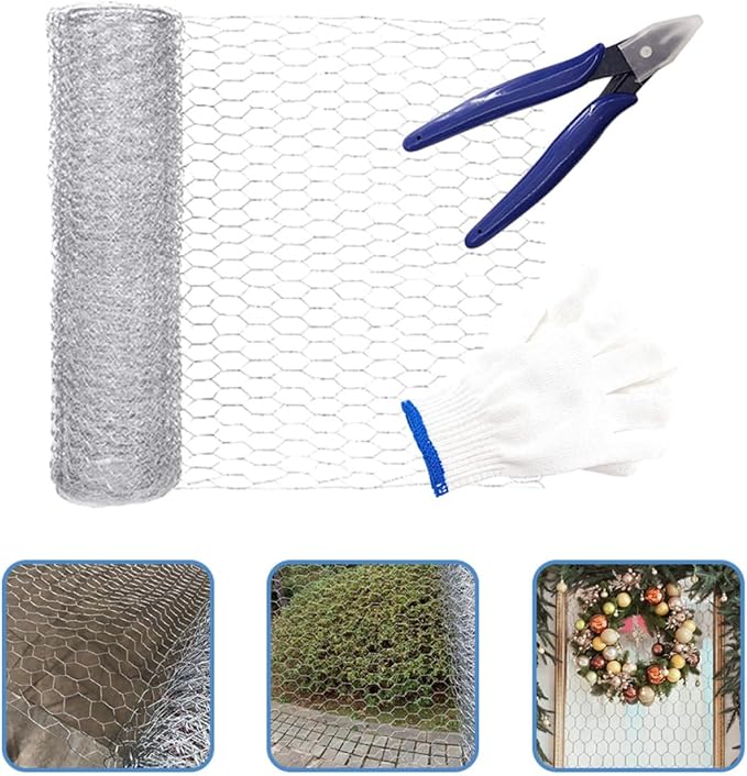 Hexagonal Galvanized Chicken Wire Netting Roll with Cutting Pliers and Gloves, 0.4m X 5m Poultry Wire Mesh for Garden Fence, Livestock Enclosure, and Craft Projects
