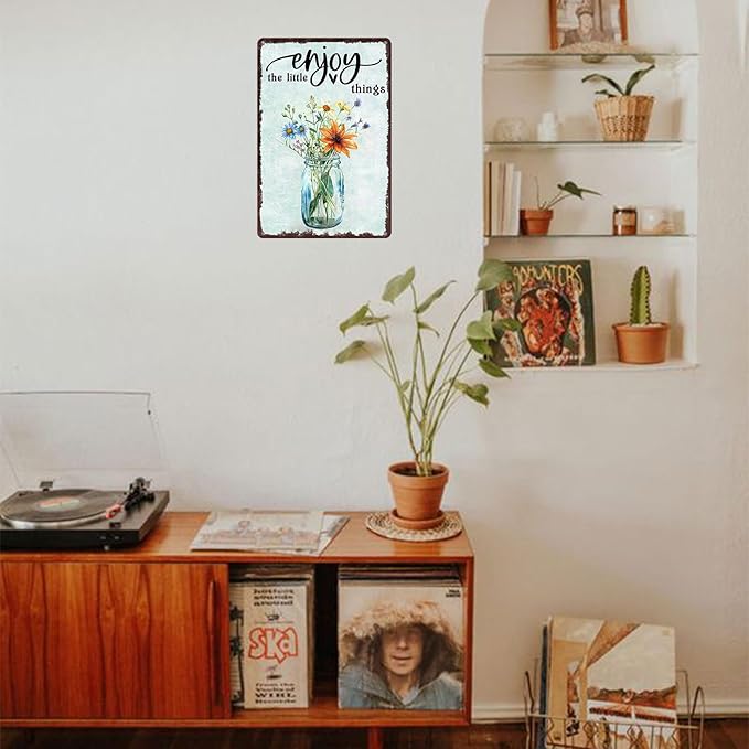Metal Signs Enjoy The Little Things Fresh Flowers Sign Retro Metal Tin Sign for Home Office Farmhouse Bar Cafe Garden Outdoor Wall Decor 12x8 Inch