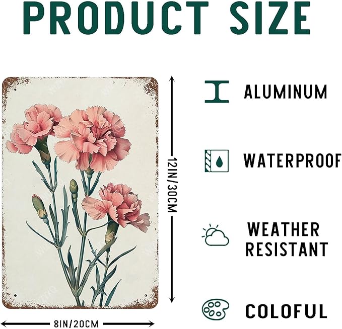 Flowers Metal Signs Carnation Sign Vintage Tin Sign Retro Wall Art Decor for Living Room Bedroom Garden Yard Shop Bar 8×12 Inches