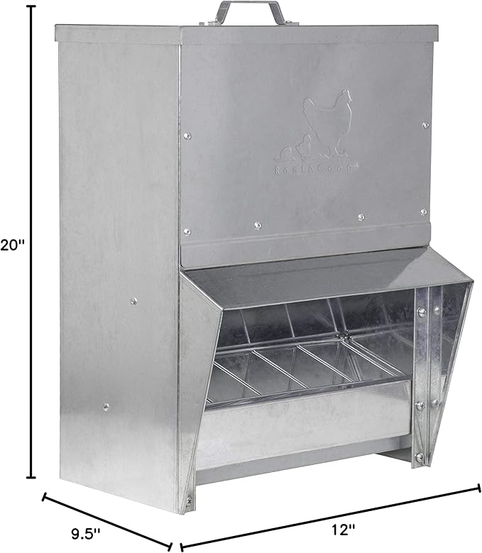 RentACoop Galvanized Chicken Trough Feeder, Weatherproof Poultry Food Dispenser with Lid 25LB Capacity