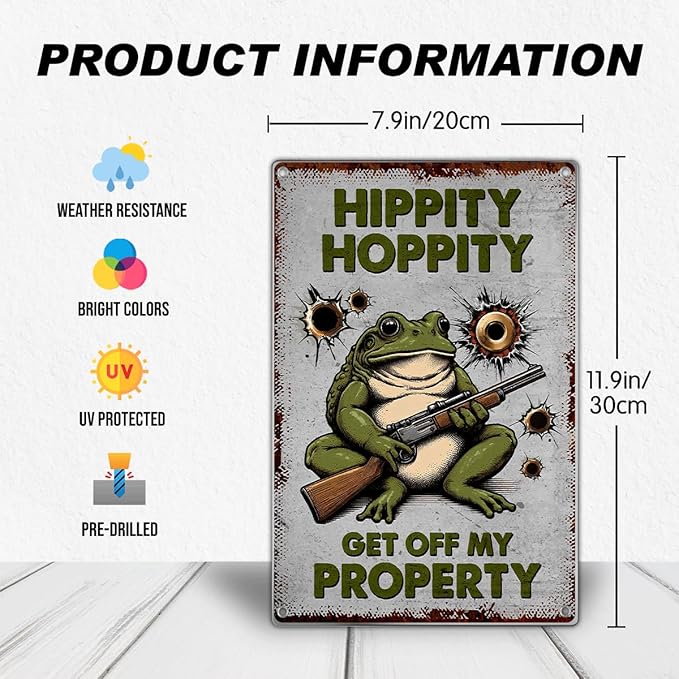 Frog Sign Funny Hippity Hoppity Get Off My Property Retro Metal Warning Wall Decor Humorous No Trespassing For Home Garden Man Cave Garage Room Bathroom 8 x 12 Inch