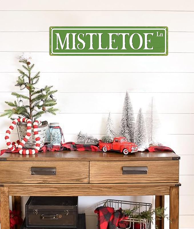 Mistletoe Lane Christmas Metal Sign Vintage Print Art Poster Tin Plaque for Home Farmhouse Kitchen Patio Yard Cafe Bar Front Door Wall Decor 4x16 Inch