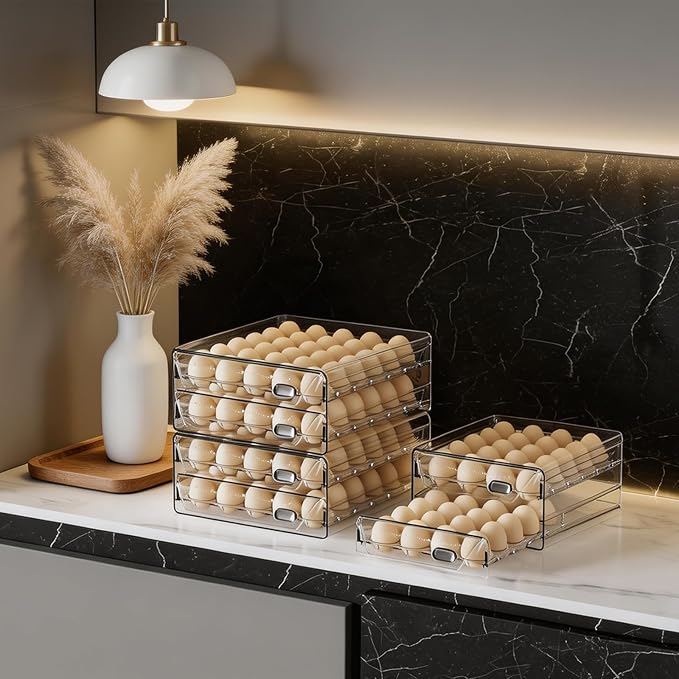 HIYOHIYO Clear 24 Egg Holder for Fridge, Large Egg Organizer for Refrigerator, Stackable Egg Storage Trays for Countertop, Eggs Drawer Dispenser with Time Scale (2 Layer, 7.9"x 6.3"x 5.5")