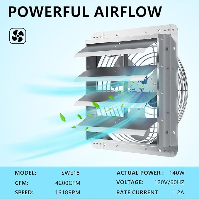 18 Inch Shutter Exhaust Fan, Aluminum Wall Mounted Exhaust Fan, 2678 CFM High Speed Automatic Shutter Attic Fan, Vent Fan For Greenhouse,Shed,Shop,Garage