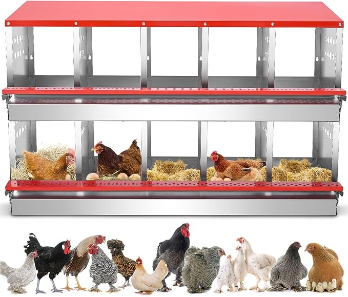 Nesting Box for Chickens, Roll Away Chicken Nesting Boxes with Easy Egg Collection Heavy Duty Metal Laying Box for Hens - 10 Compartment