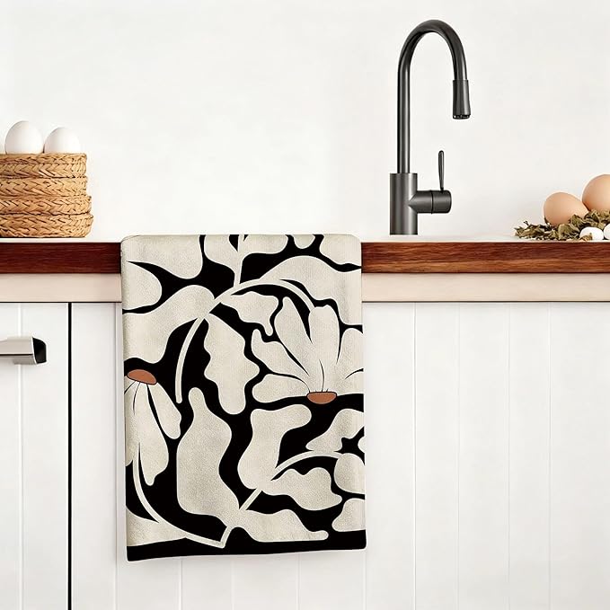 Boho Floral Kitchen Towels Decorative Set of 4, Black Geometric Dish Towel, Beige Decor Hand & Tea Towels for Kitchen Drying, Housewarming Gifts for Women