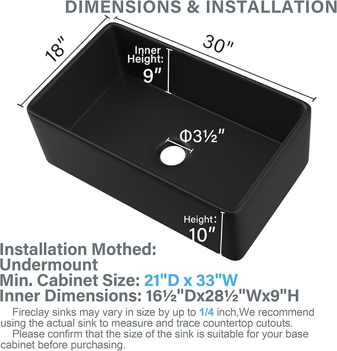Black Farmhouse Sink 30 x 18 Inch, Firecaly Apron Front Undermount Farm Sink, Heavy Duty Single Bowl, with Accessories 2 Types, Matte Black, for Kitchen