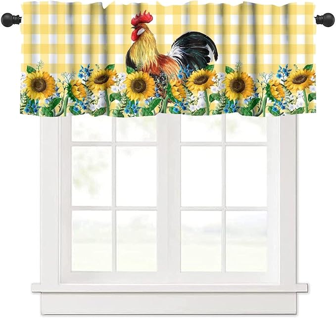 Rooster Kitchen Curtains Yellow White Buffalo Plaid Sunflowers Vintage Rustic Farm Chicken Rod Pocket Curtain Valance for Kitchen Bedroom Living Room Decor 1 Panel W54xL18 Inch