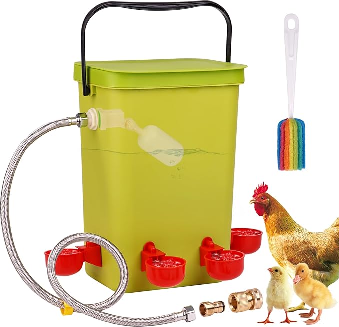 Automatic Chicken Waterer with Float Valve, 3.2 Gallon Hanging Poultry Waterer with 6 Water Cups, Large Duck Quail Turkey Goose Chicken Coop Water Dispenser