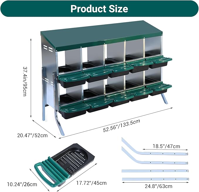 Nesting Boxes for Chickens - 10 Compartment Metal Roll Away Chicken Laying Boxes with Leg, Lid Cover, Protect Eggs, Easy Egg Collection, Chicken Nesting Box for Chicken Coop