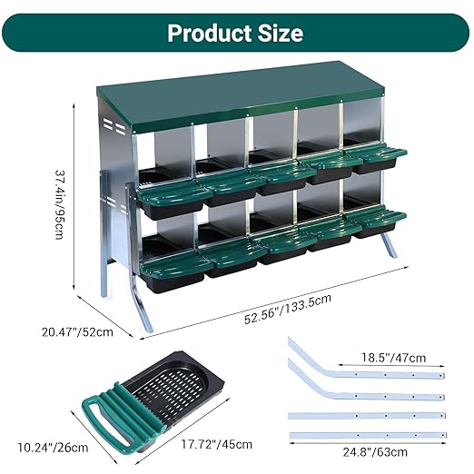 Garvee Chicken Nesting Boxes, 10 Hole Chicken Laying Box with Removable Trays and Roll Out Egg Collection for Chicken Coop, with Metal Legs, Green