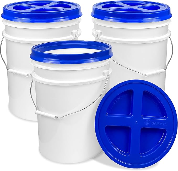 ePackageSupply 5 Gallon White Bucket with Blue Gamma Seal Screw on Airtight Lid | Made in USA | Food Grade | Heavy-Duty HPDE Plastic | Durable 90 Mil Pail | Easy Stack and Store | BPA Free (3 Count)