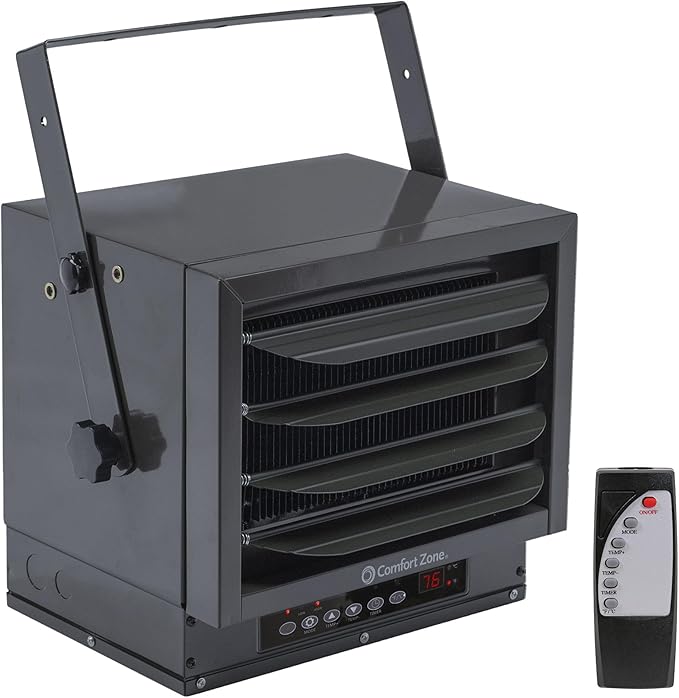 Comfort Zone Hard-Wired Ceiling Mount Garage Space Heater with Remote, 7,500 Watt, 240 Volt, Fan-Forced, Overheat Protection, Digital Thermostat, 12-Hour Timer, Ideal for Garage & Workshop, CZ230ERBK