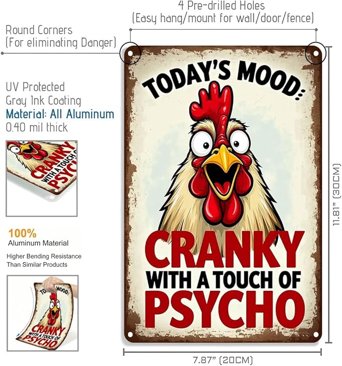 FunnySign Chicken Gifts Rooster Décor Today's Mood: Cranky With A Touch Of Psycho Rustic Tin Sign For Home Farm Chicken Coop Decor 8x12 Inch (9711)