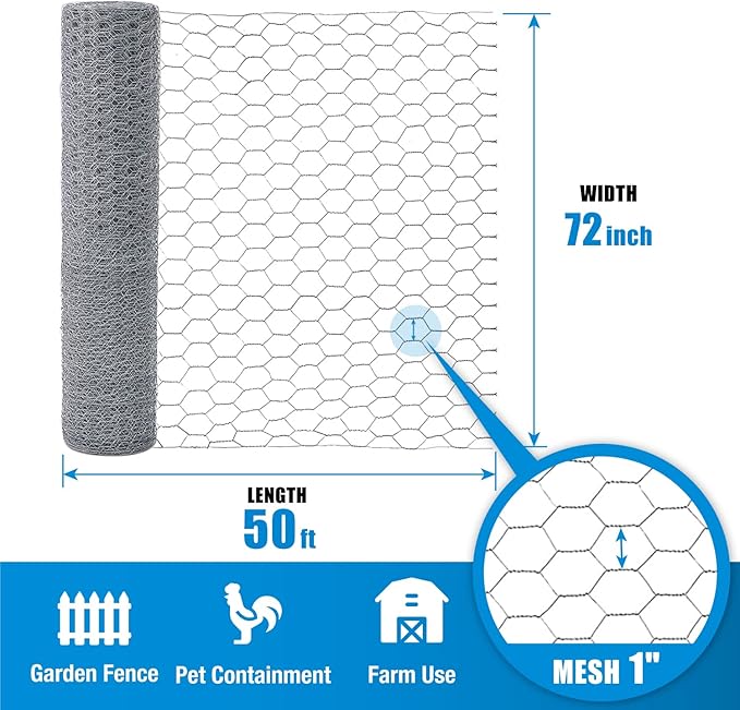 Fencer Wire Chicken Wire Fencing, 20 Gauge Galvanized Hexagonal Mesh, Poultry Netting Fence for Garden & Animal Enclosure, 6ft x 50ft, 1-Inch Opening, Silver, Wire Mesh Outdoor Fence