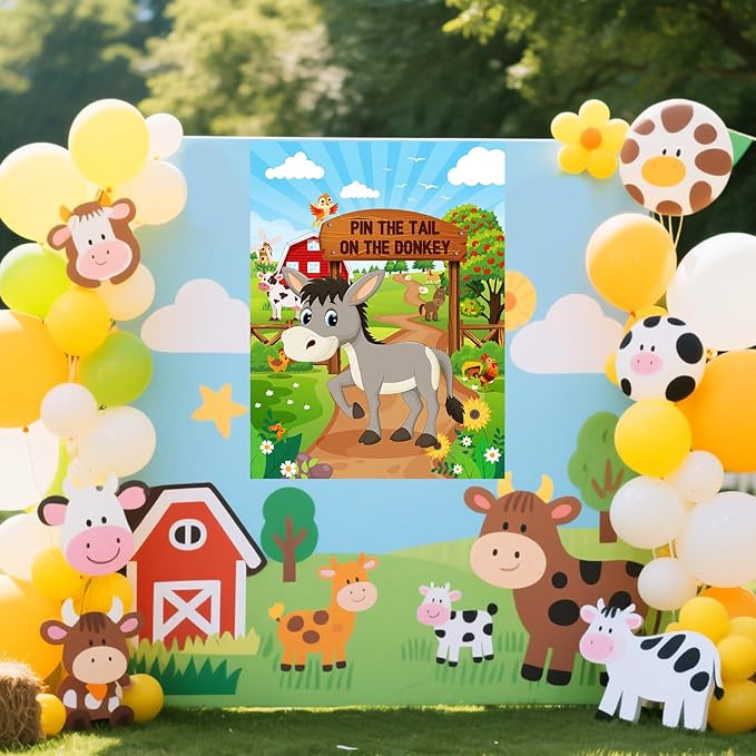 Faccito Farm Animal Games Pin The Tail on The Animals Barn Birthday Party Decorations Farm Poster Games with 24 Stickers Eye Mask for Family Activities Birthday Party Decor Supplies (Donkey)
