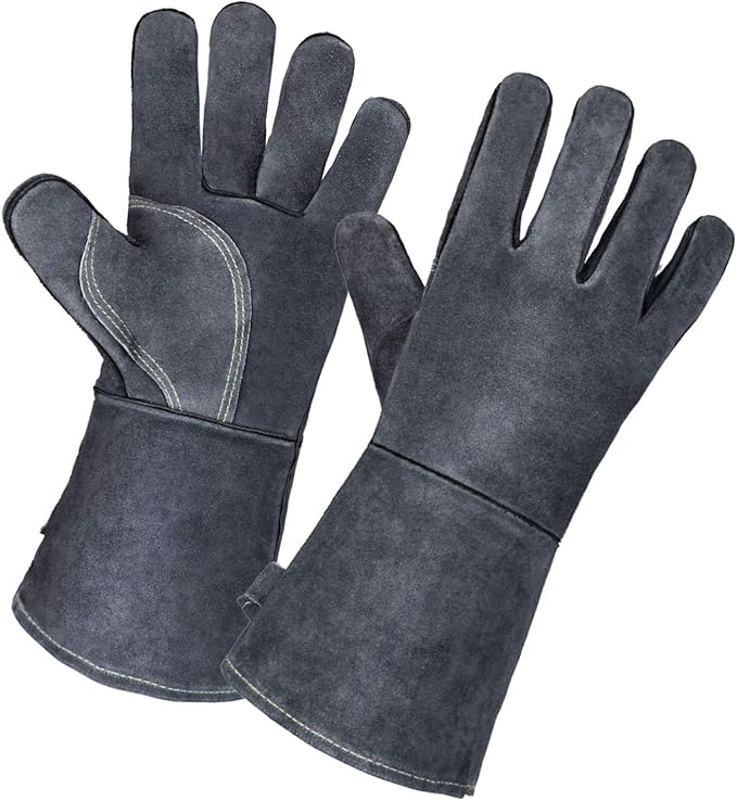 OZERO 932℉ Leather Forge Welding Gloves 14-inch Heat Resistant Grill BBQ Glove with Flame Retardant Long Sleeve and Insulated Lining for Men and Women Gray